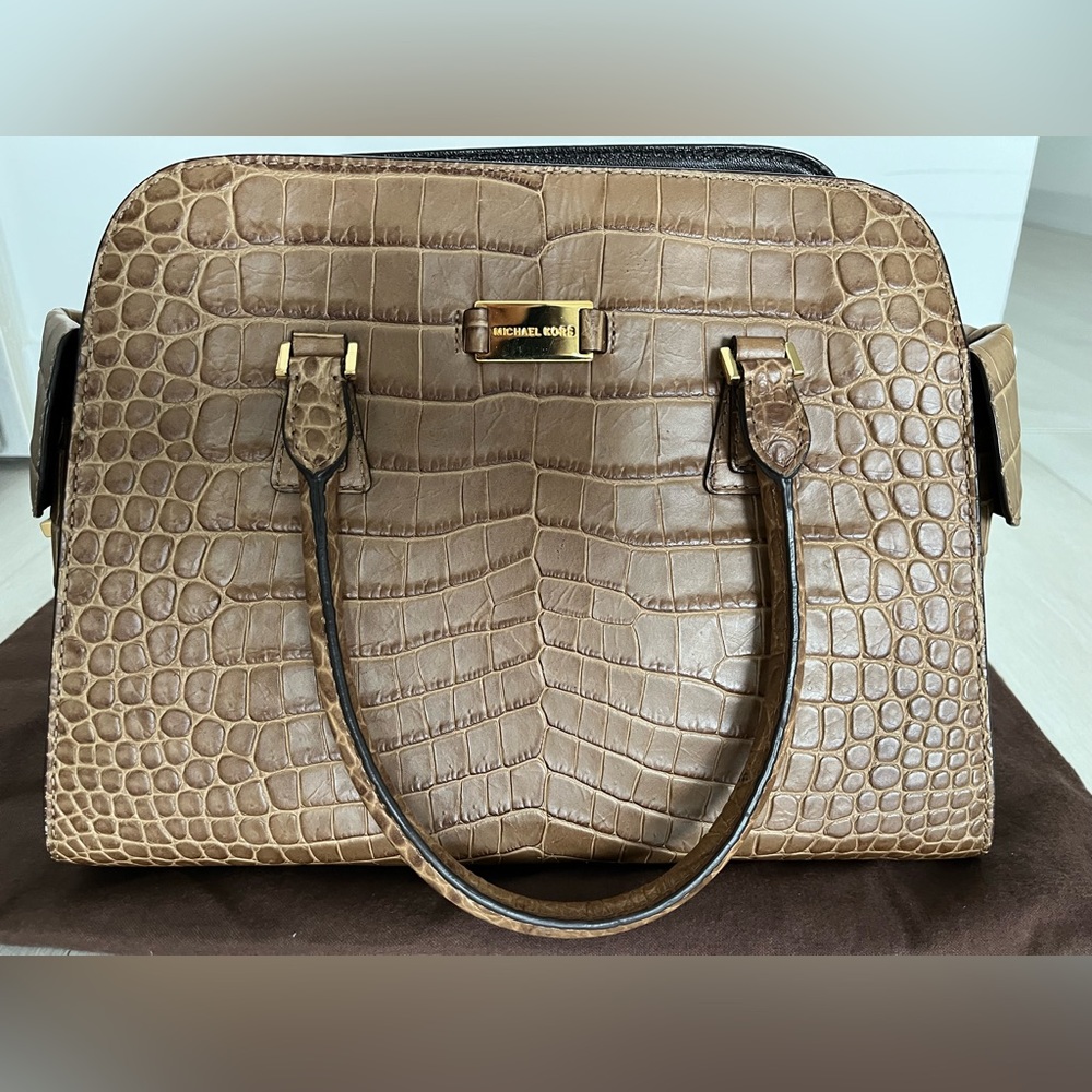 Michael Kors Gia Crocodile-Embossed Satchel in Barley